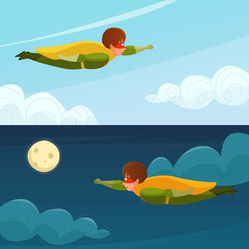 Vliegende jongen Superhero horizontale banners vector