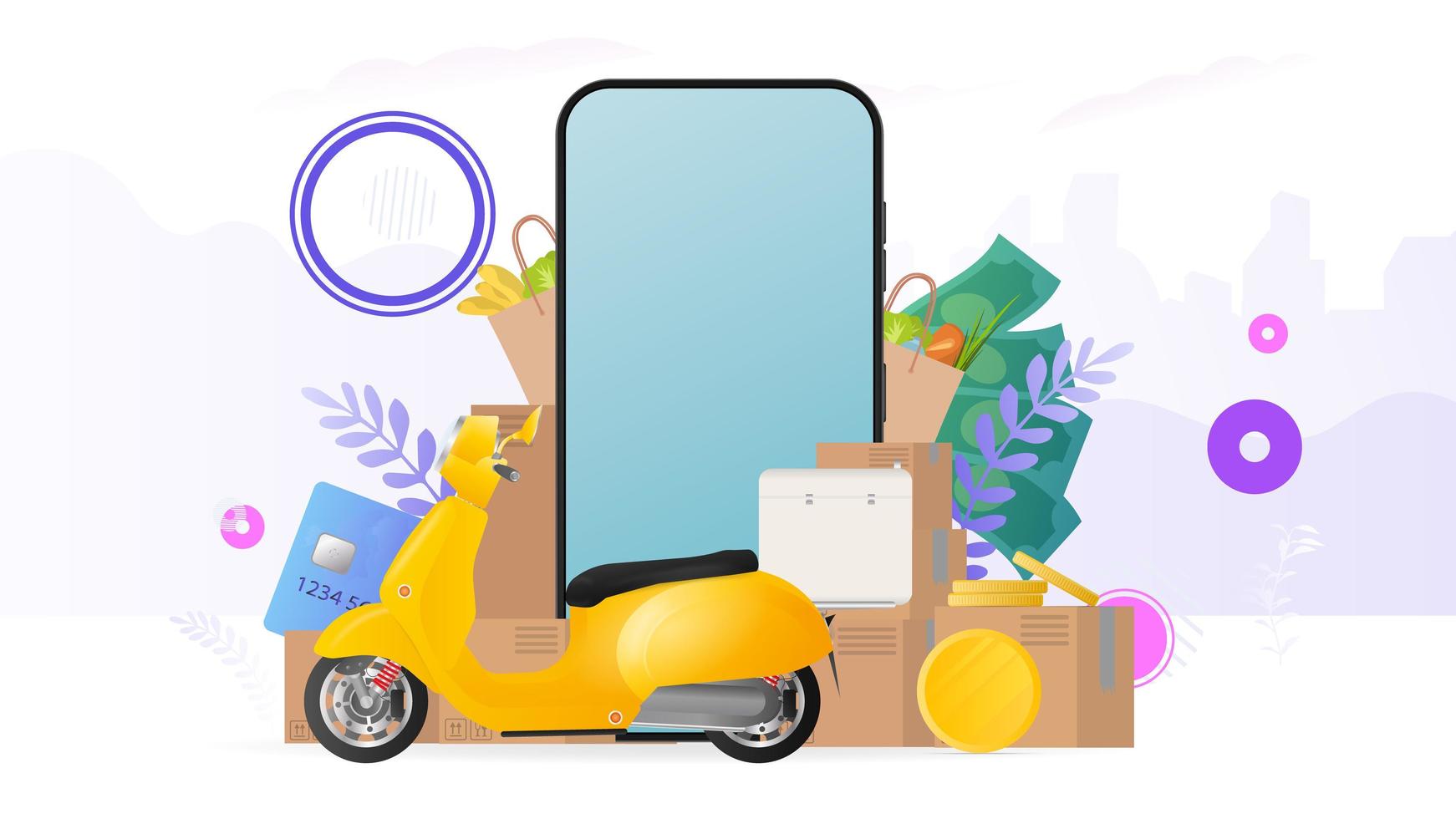 collage over het thema levering. gele scooter met voedselrek, telefoon, gouden munten, kartonnen dozen, papieren zak met boodschappen. het concept van online bestellen en bezorgen van eten en verzending. vector