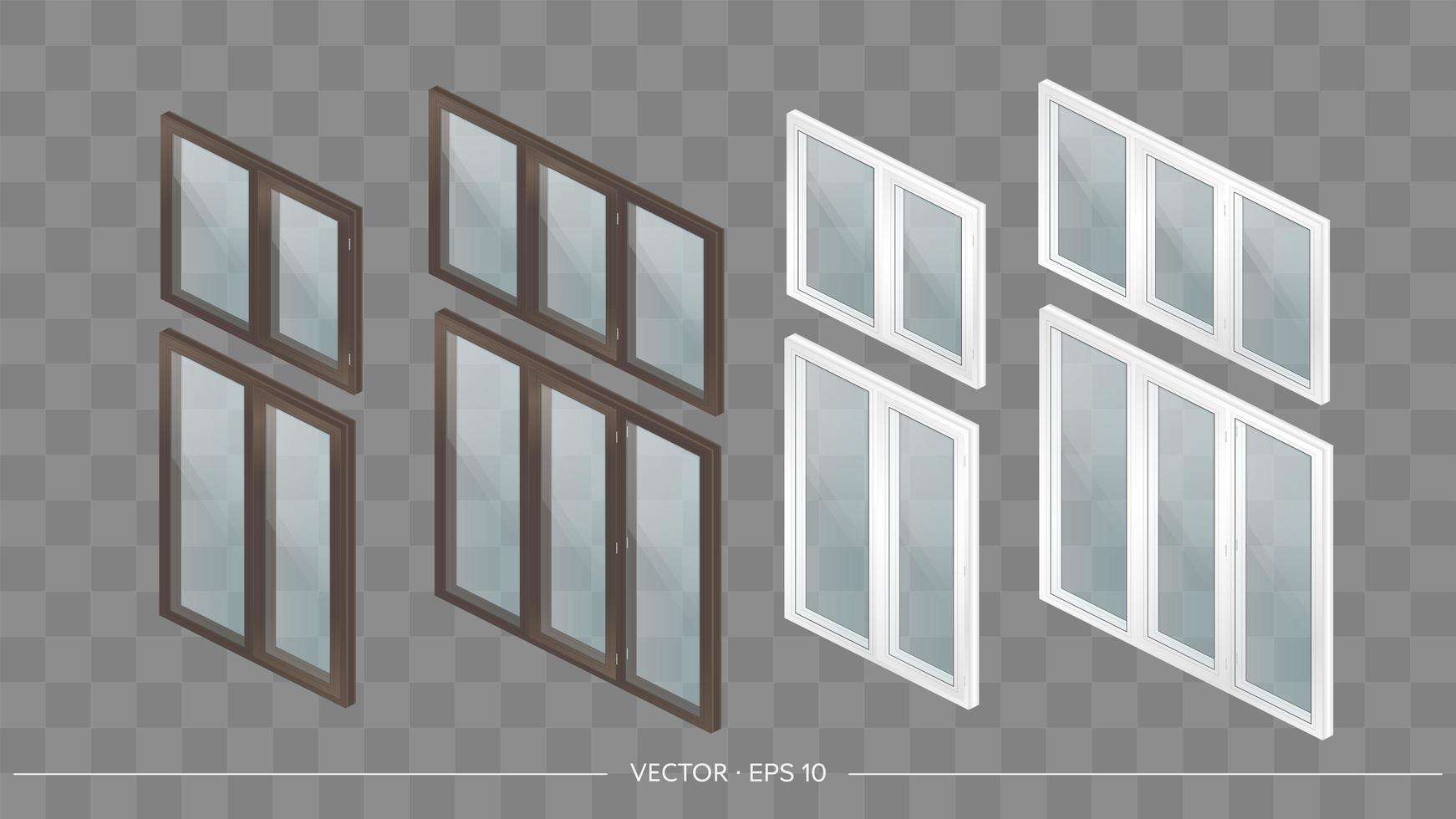 een grote set metaal-kunststof ramen met transparante glazen in 3d. modern raam in een realistische stijl. isometrie, vectorillustratie. vector