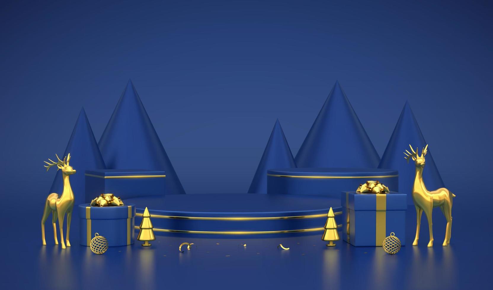 blauw rond en kubuspodium. kersttafereel en 3D-platform met gouden herten, ballen en dennenappelbomen op blauwe achtergrond. leeg voetstuk concept. reclame ontwerp. show en verkoop sjabloon. vector. vector