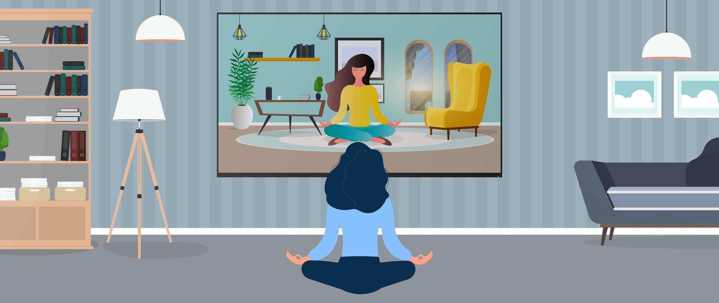 het meisje op kantoor is bezig met meditatie. meisje kijken naar yogales op tv. vector. vector