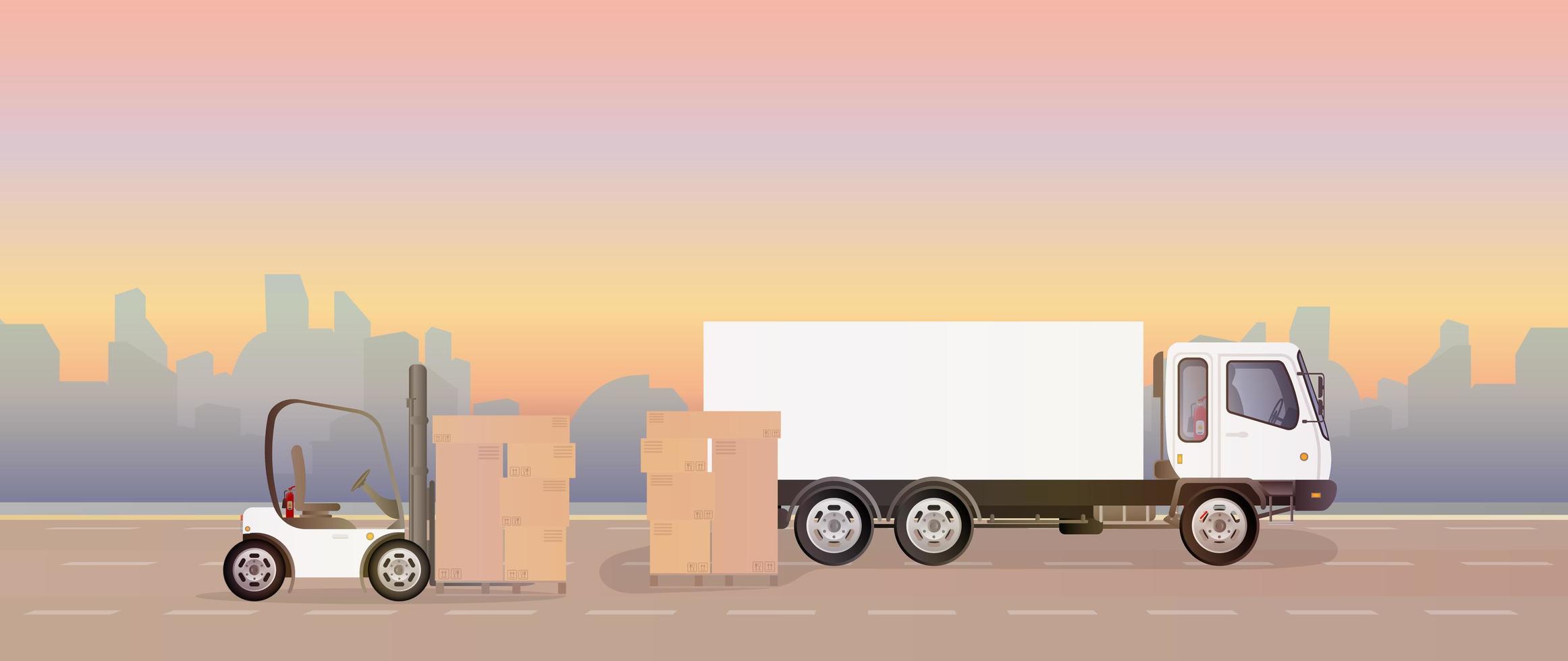 een vrachtwagen en een pallet met kartonnen dozen staat op de weg. heftruck heft de pallet op. industriële heftruck. kartonnen dozen. het concept van levering en laden van vracht. geïsoleerd. vector ontwerp