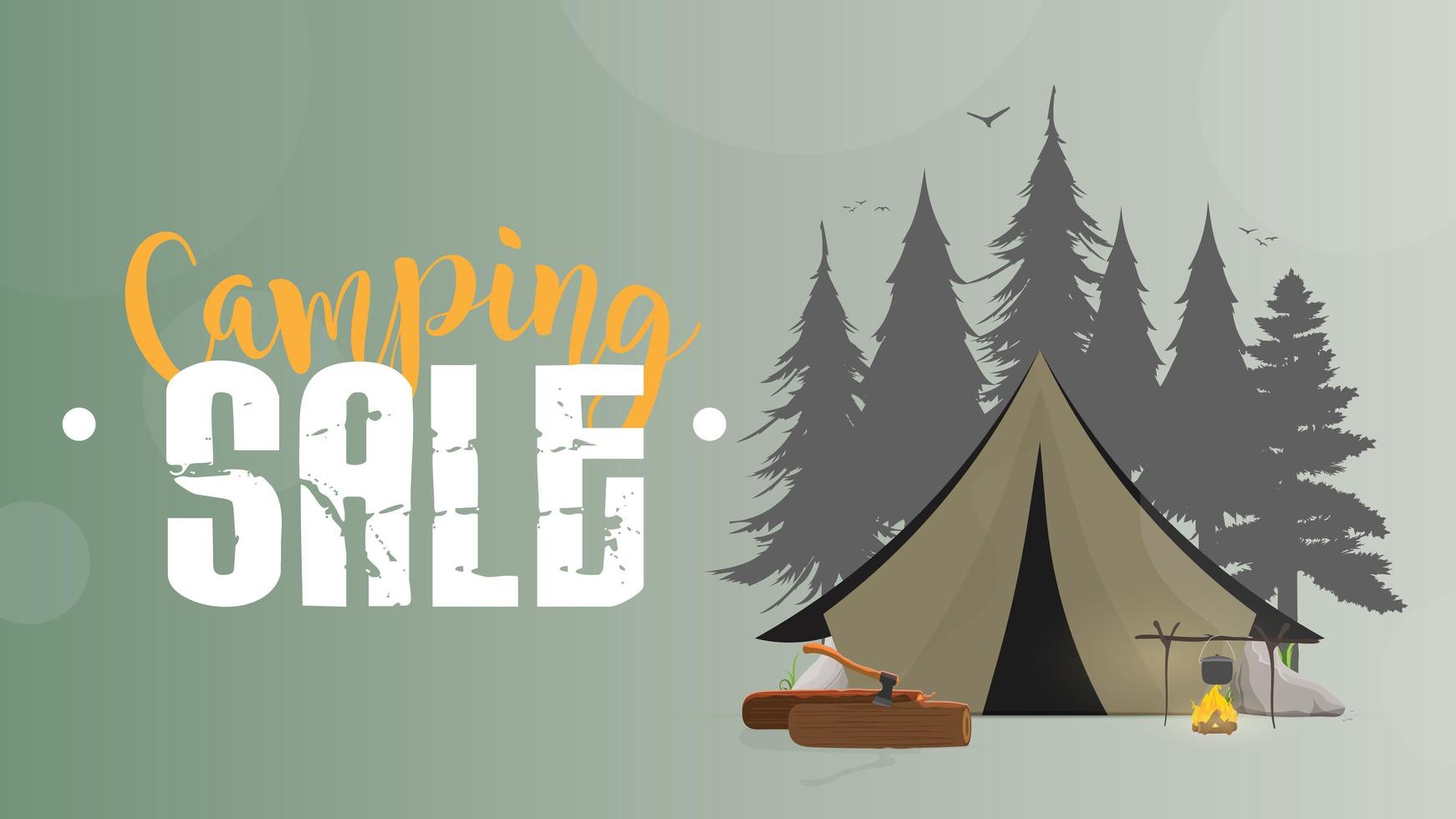 camping verkoop. groene spandoek. tent, silhouetbossen, vreugdevuur, boomstammen, bijl, tent, rivier, bomen. vector illustratie