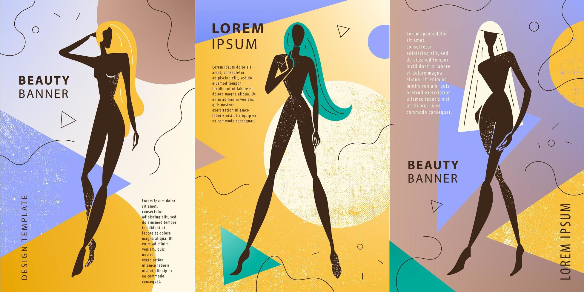 vector set vrouwen posters, kaarten, verticale banners. gestileerde vrouwelijke model figuur silhouetten, staande mooie vrouwen. geometrische vormen achtergronden.