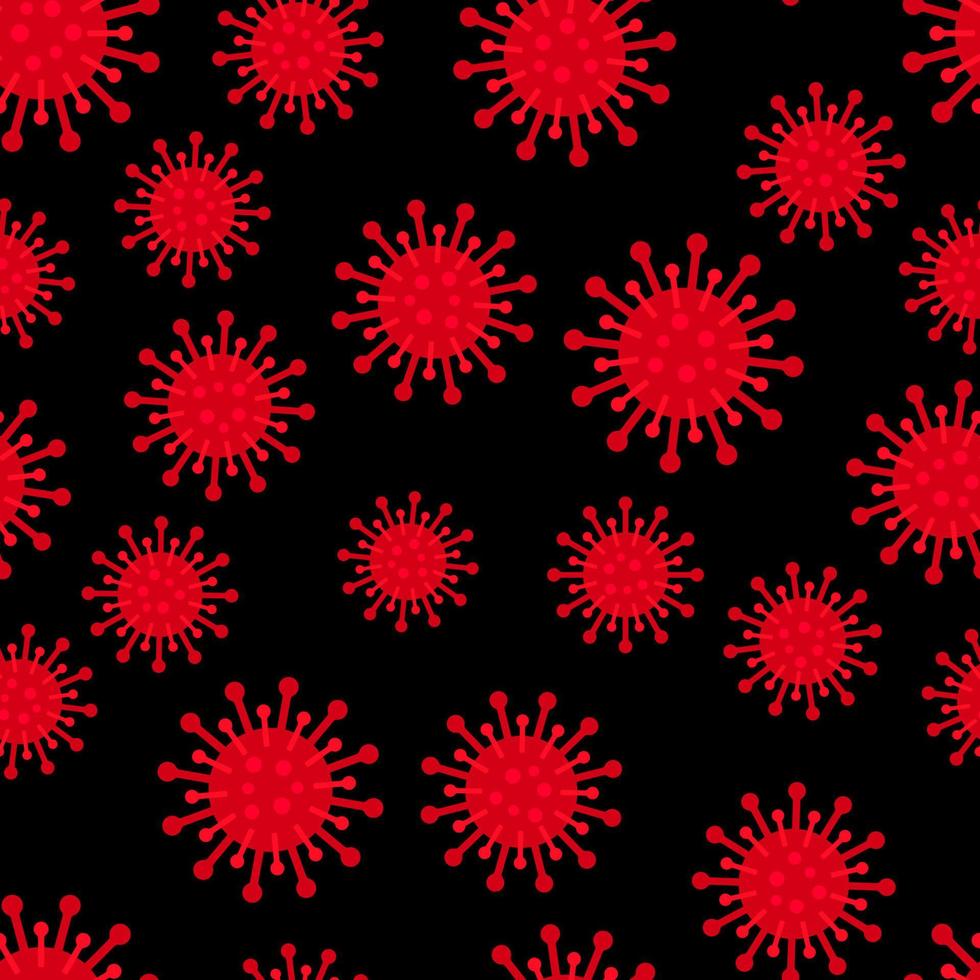 coronavirus naadloze patroon rode bloedcellen op zwarte achtergrond. pathogeen respiratoire nieuwe corona virus covid-19 pandemie. vectorsjabloon voor stof, poster, spandoek, flyer, enz. vector