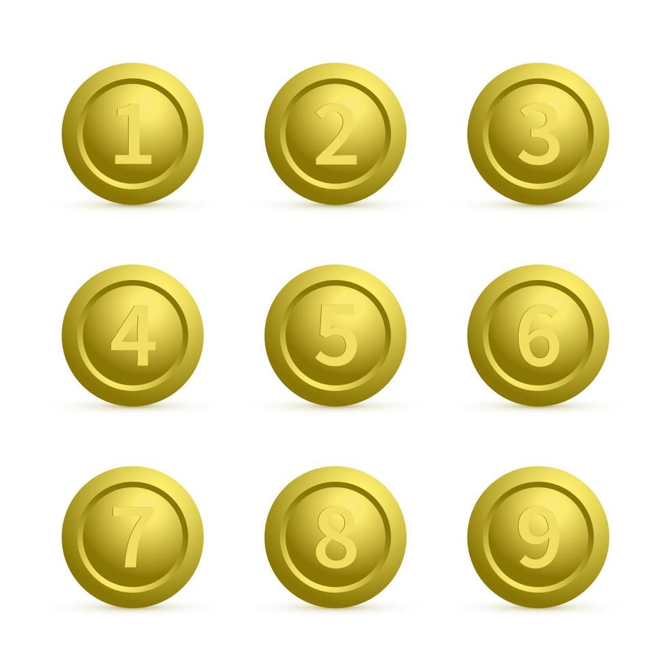 set van gouden ronde knoppen met nummers van 1 tot en met 9 met schaduwen. gouden knoppen geïsoleerd op wit. genummerde badges vector iconen. 3D-sleutels voor websites en mobiele applicaties