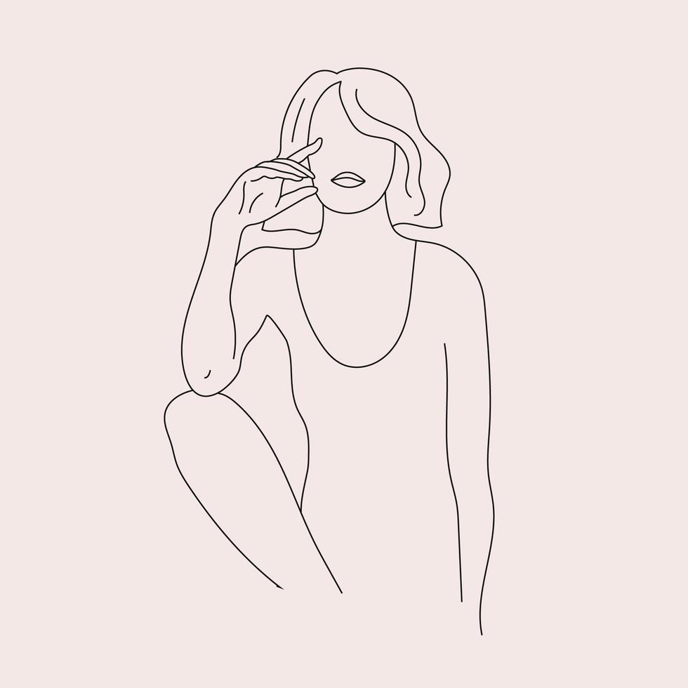 vector minimalistische stijl portret. lijn vrouw illustratie, zittend, poseren. hand getekende abstracte vrouwelijke print. gebruik voor sociale netverhalen, schoonheidslogo's, posterillustratie, kaart, t-shirtafdruk.