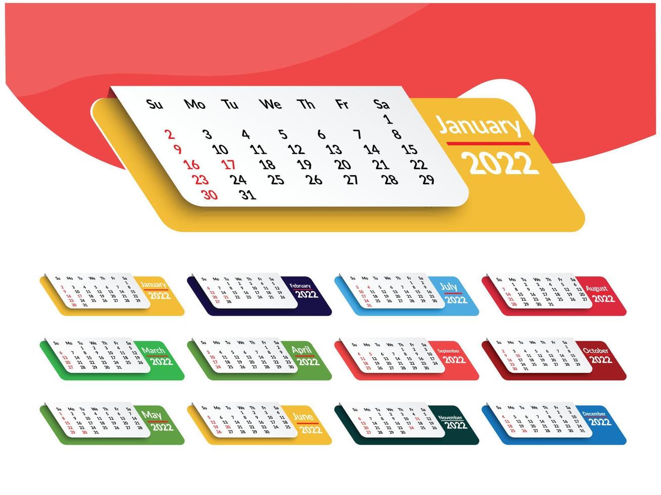 maandelijkse kalendersjabloon voor 2022 jaar. week begint op zondag. wandkalender in een minimalistische stijl. kalender 2022 week start zondag corporate design planner sjabloon. vector