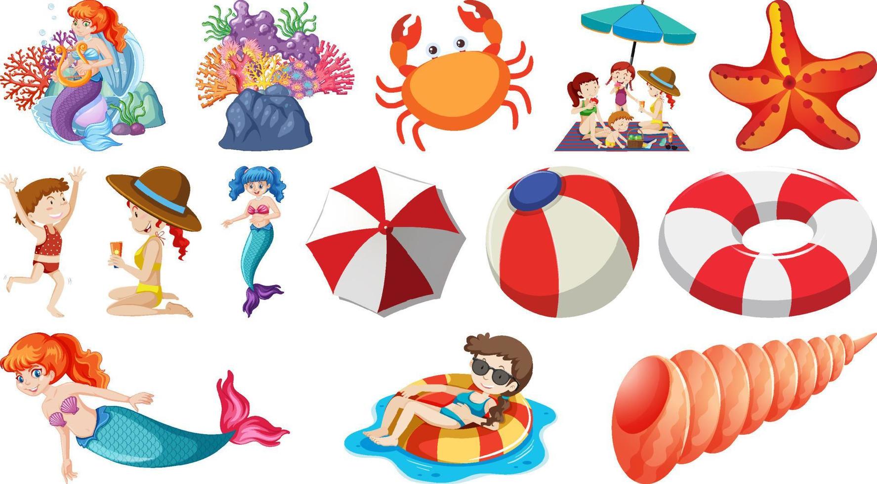 set zomerstrandobjecten en stripfiguren vector