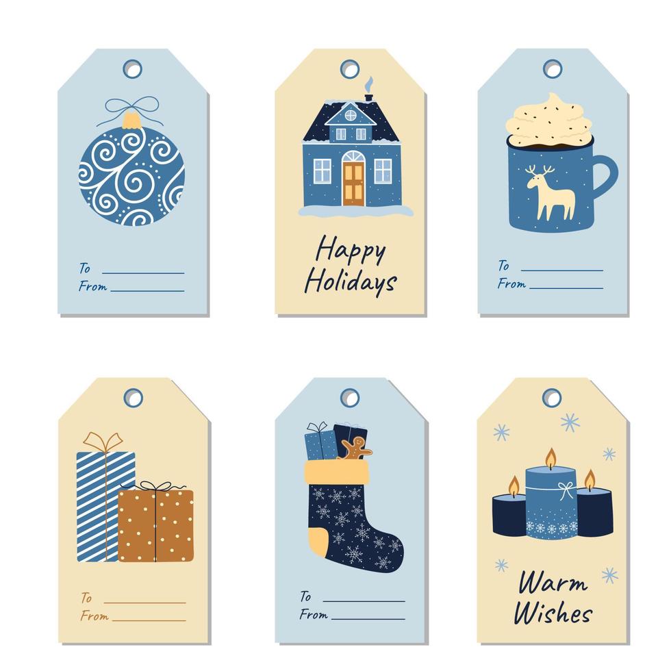 set kerst- en feestdagen cadeau-tags. etiketten met geschenkdozen, kaarsen, winterhuis, kerstboomversiering in blauwe en bruine kleuren vector