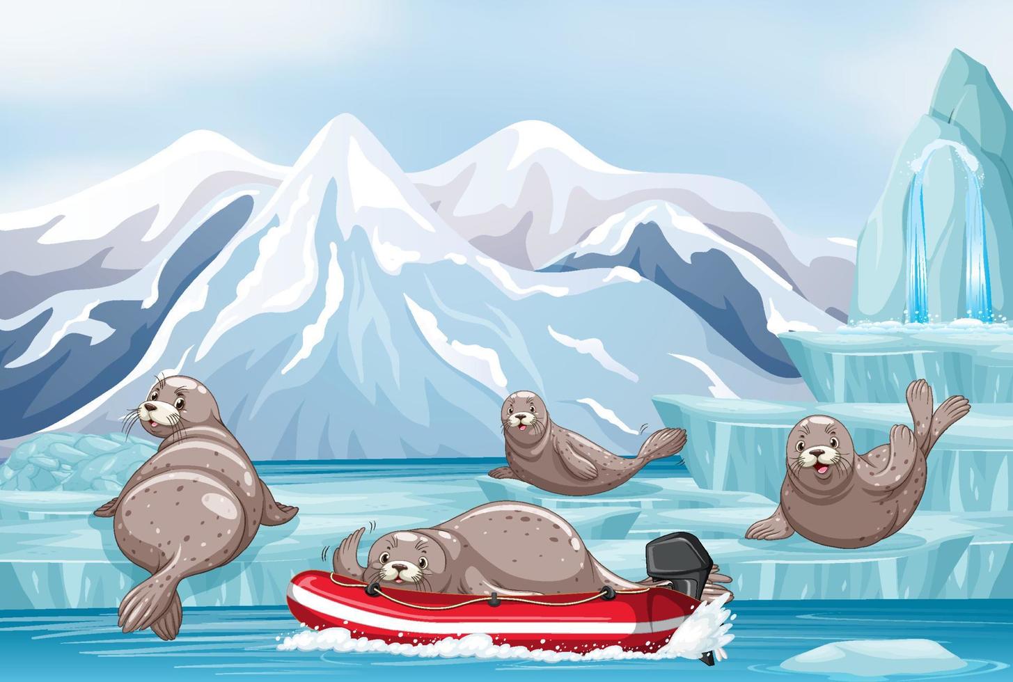 antarctica landschap met zeehond in opblaasbare boot vector