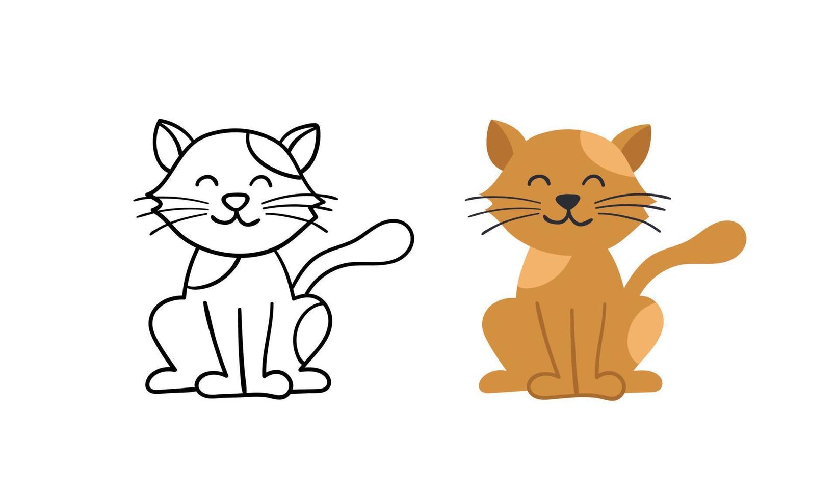 schattig handgetekende kattenkarakter. vectorhuisdier. contour- en kleurenversie. vector