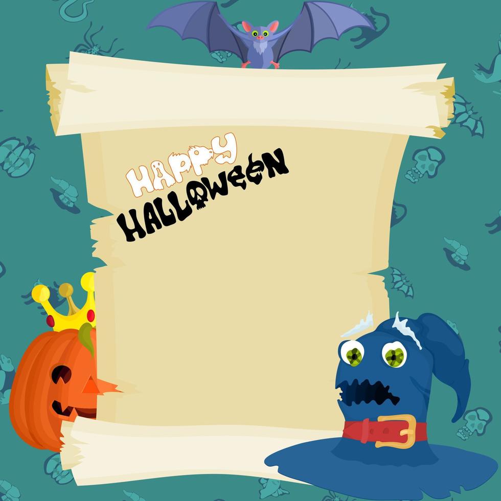 groene halloween-poster met papyrus en heksenhoed vector