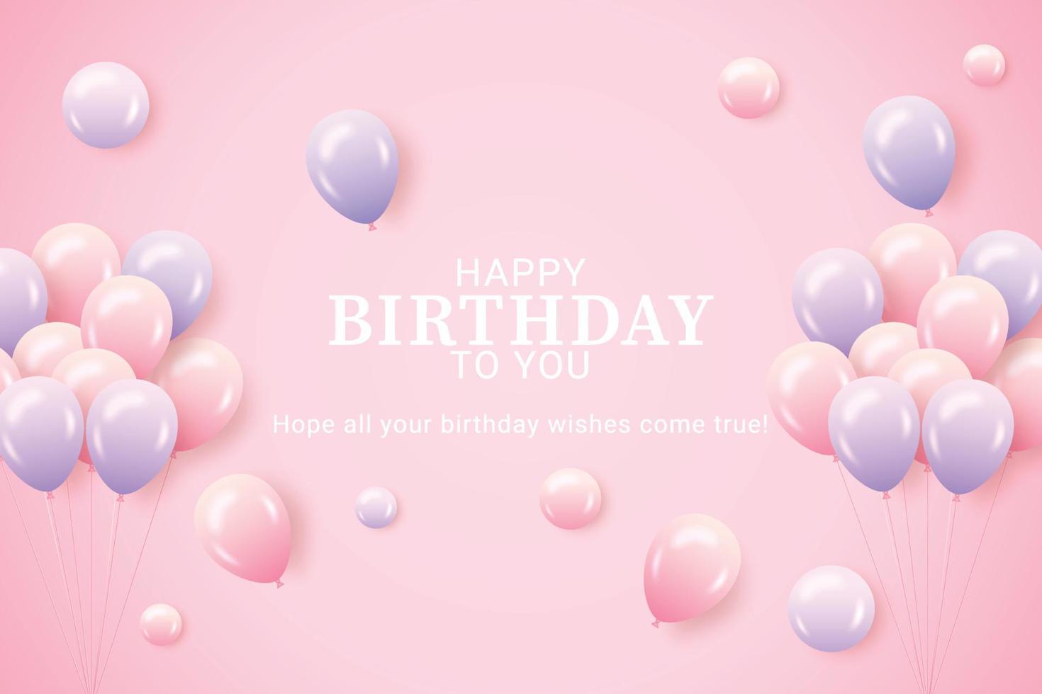 gelukkige verjaardag met roze paarse ballonnen en roze achtergrond vector