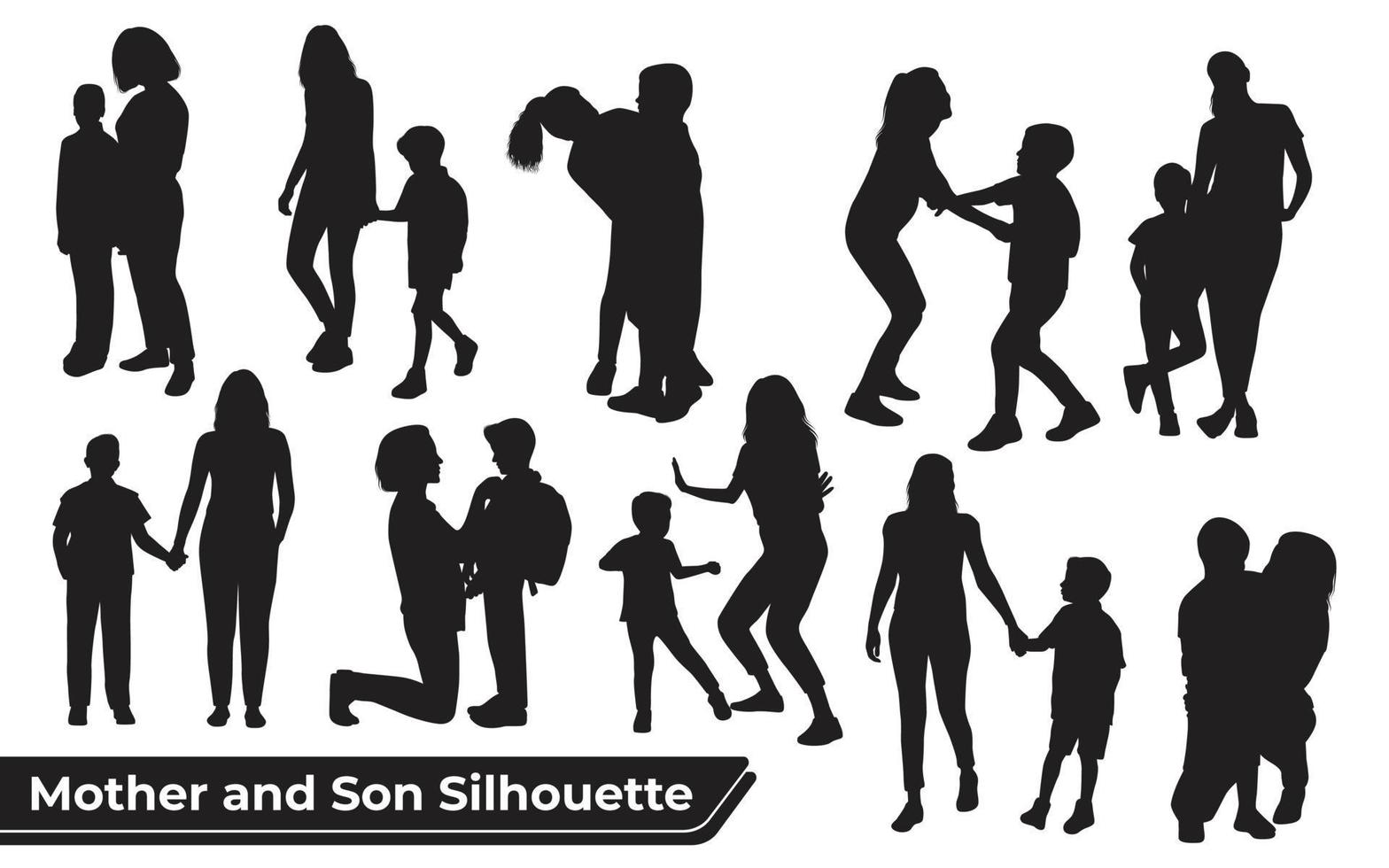 verzameling van moeder en zoon silhouetten in verschillende poses vector