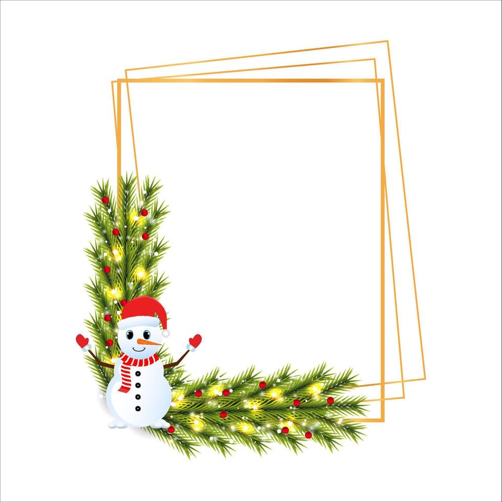 Kerst frame met groene bladeren op een witte achtergrond. xmas frame met een sneeuwpop met een rode hoed. kerstverlichting, xmas frame, groene bladeren, sneeuwvlokken, rode bessen, sneeuwpop, sterlichten. vector