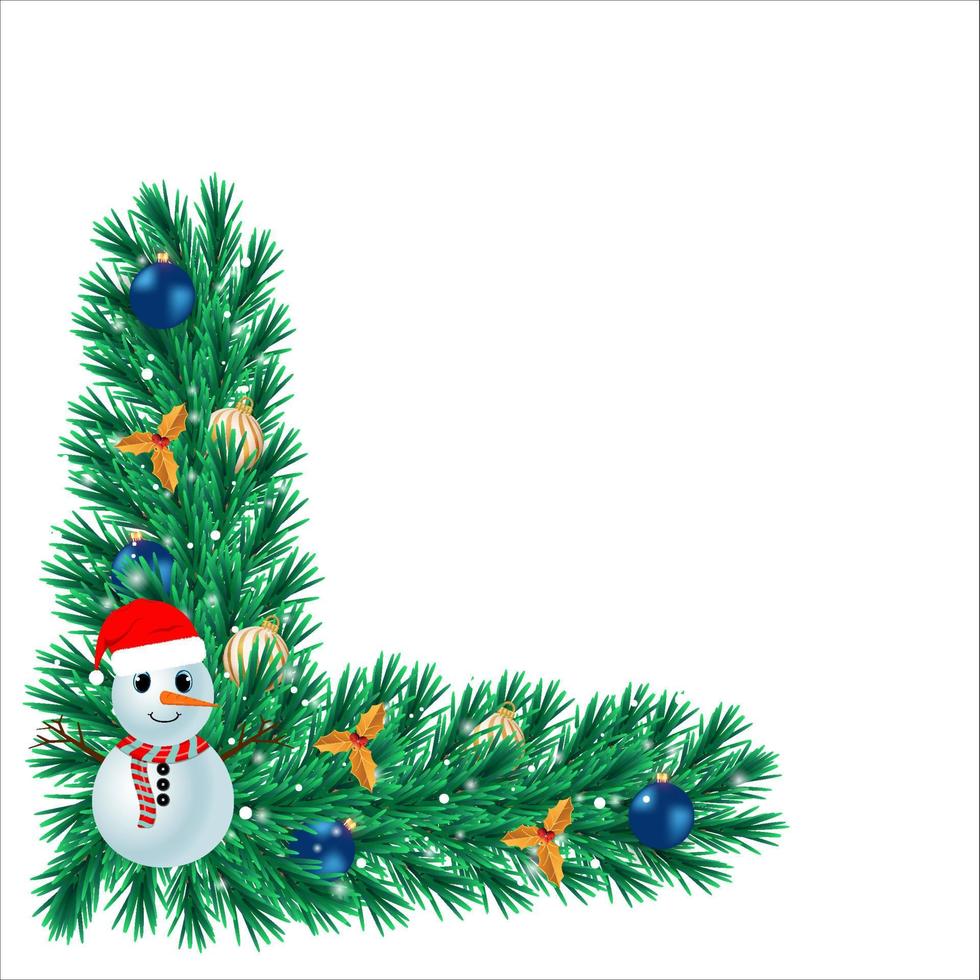 9kersthoek met decoratieballen en een schattige sneeuwpop. xmas hoek met gouden bladeren en sneeuw. kersthoek, kerstelement, donkergroene bladeren, blauwe bal, sneeuwpop, decoratieballen. vector