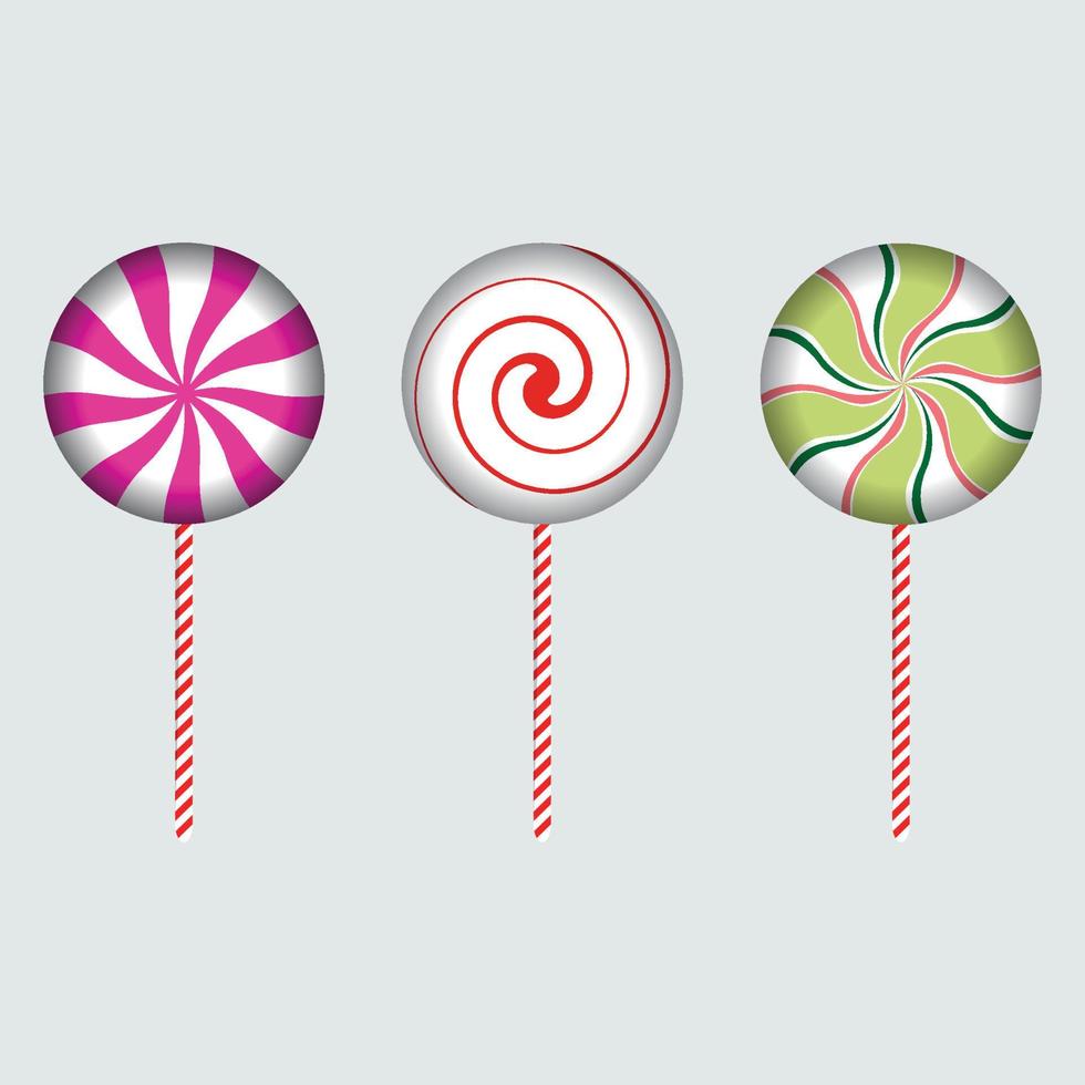 ronde kerstsnoepjes met rode, gebroken witte, roze en limoenkleurige stroken. zoet snoepontwerp op een asachtergrond. set van drie kerstsnoepjes. kerst snoep vector design collectie.