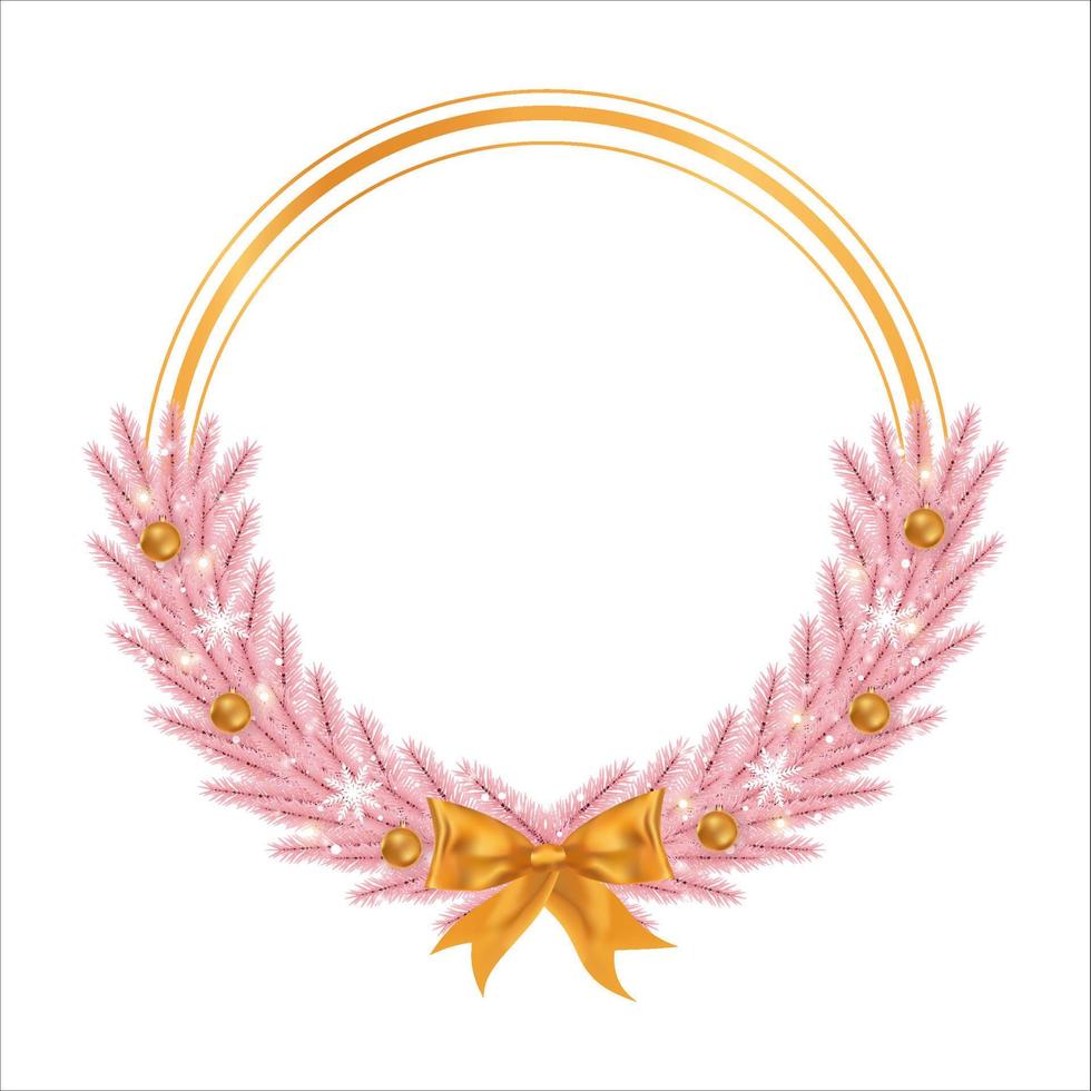 kerstframe met roze bladeren en gouden decoratiebal. xmas frame met gouden lint. kerstbal, xmas frame, rond frame, roze dennenbladeren, sneeuwvlokken, gouden lint, girly frame. vector