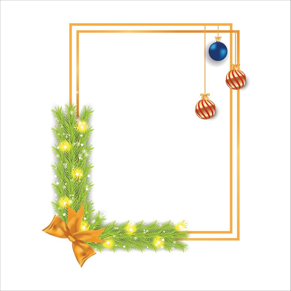 kerstframe met decoratieballen, dennenbladeren, sneeuwvlokken. xmas frame met gouden lint. Kerst fotolijstjes met sneeuwvlokken, lichten, blauwe bal, gouden bal, groene bladeren op een witte achtergrond. vector