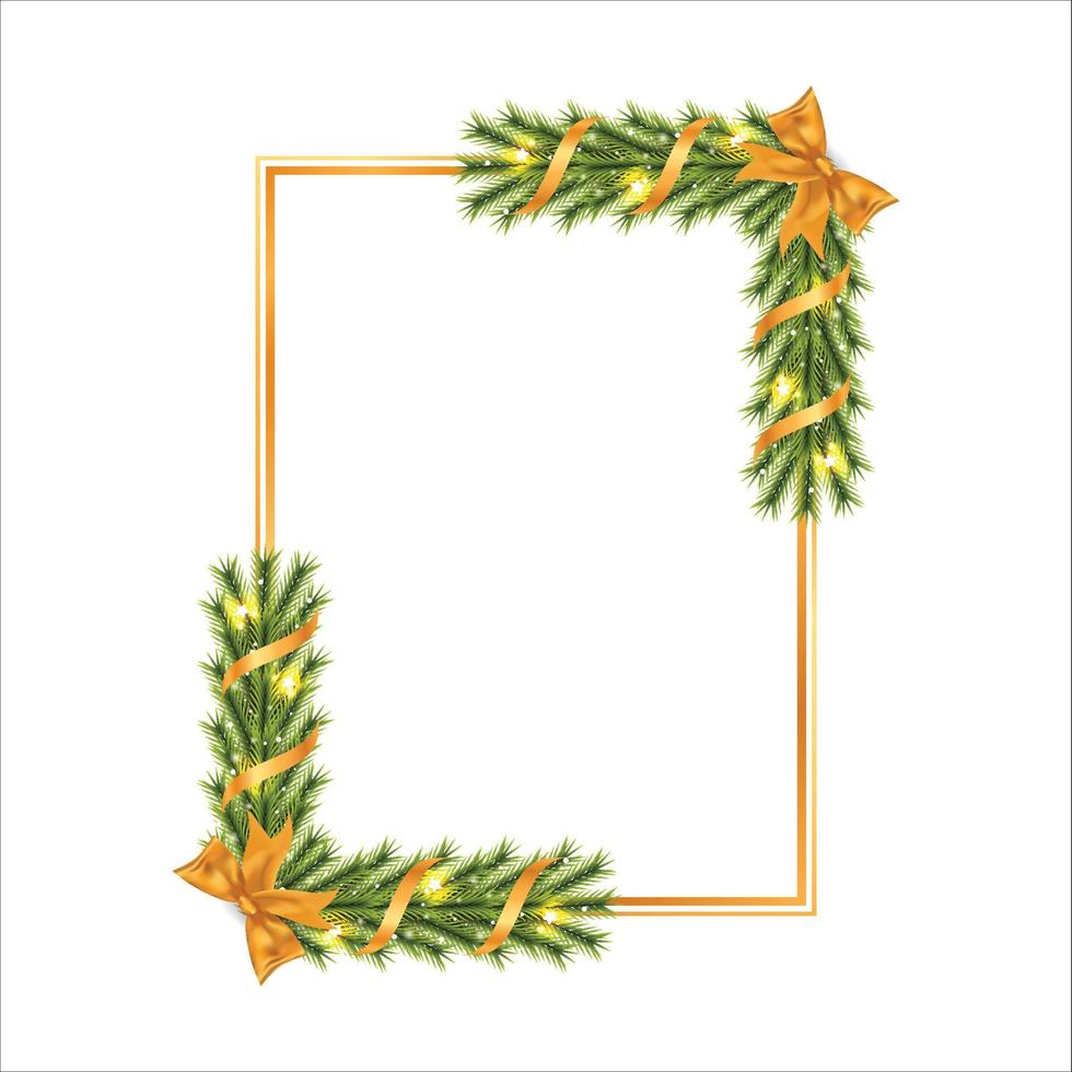 kerstframe met groene dennenbladeren, starlights, gouden lint. xmas gouden frame sneeuwvlokken. vrolijke kerstdecoratie-elementen met gouden linten en glanzende sneeuwvlokken. kerst elementen. vector