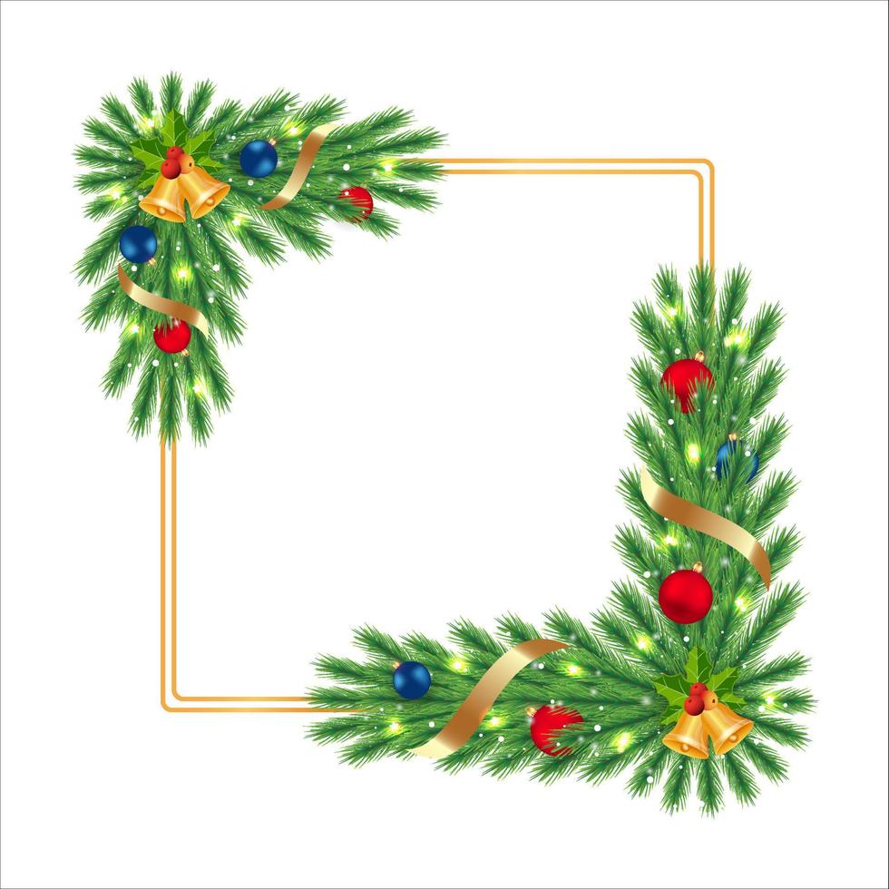 kerstframe met gouden lint en jingle bell. xmas hoek met dennenbladeren en decoratie bal. kersthoek, kerstversieringsbal, rode bal, sneeuwvlokken, gouden bel, dennenbladeren vector
