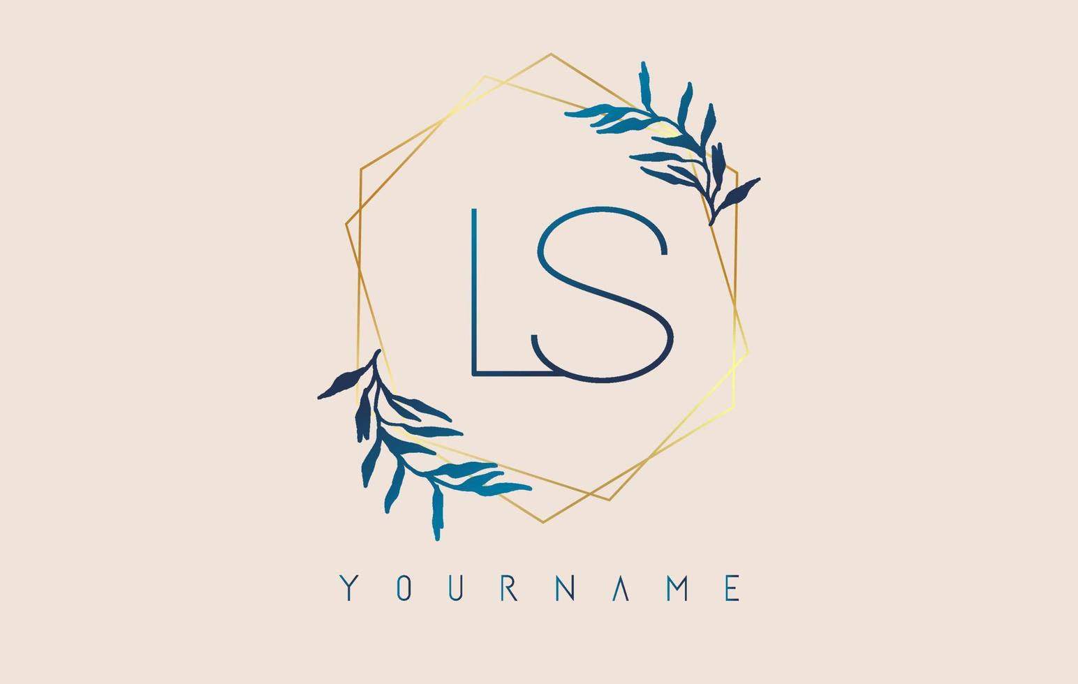 letters ls ls-logo met gouden veelhoekframes en gradiëntblauw bladontwerp. vector