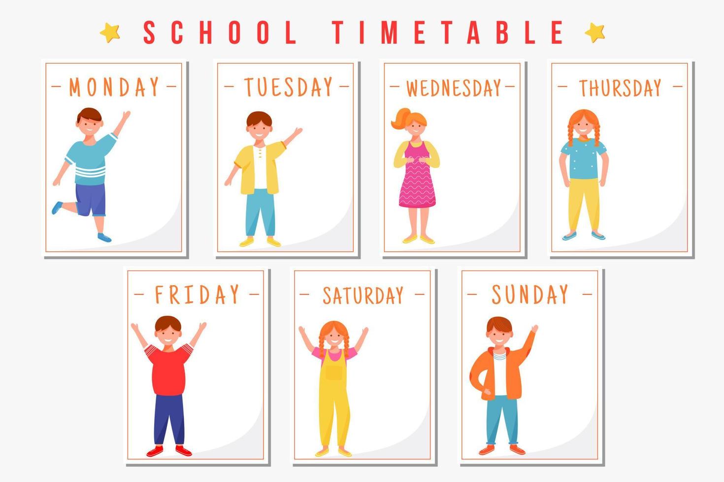 school tijdschema vector sjabloon. kinderen wekelijkse planner lege pagina's conceptontwerp met platte illustraties. gelukkige jongens en meisjes stripfiguren. leerlingenrooster, lay-out van persoonlijke organisator