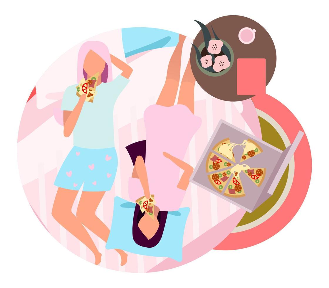 meisjes partij platte concept icoon. pizzabezorgservice sticker, clipart. vriendinnen in pyjama in bed die fastfood eten. vrienden tijdverdrijf, vrije tijd. geïsoleerde cartoon afbeelding op witte achtergrond vector