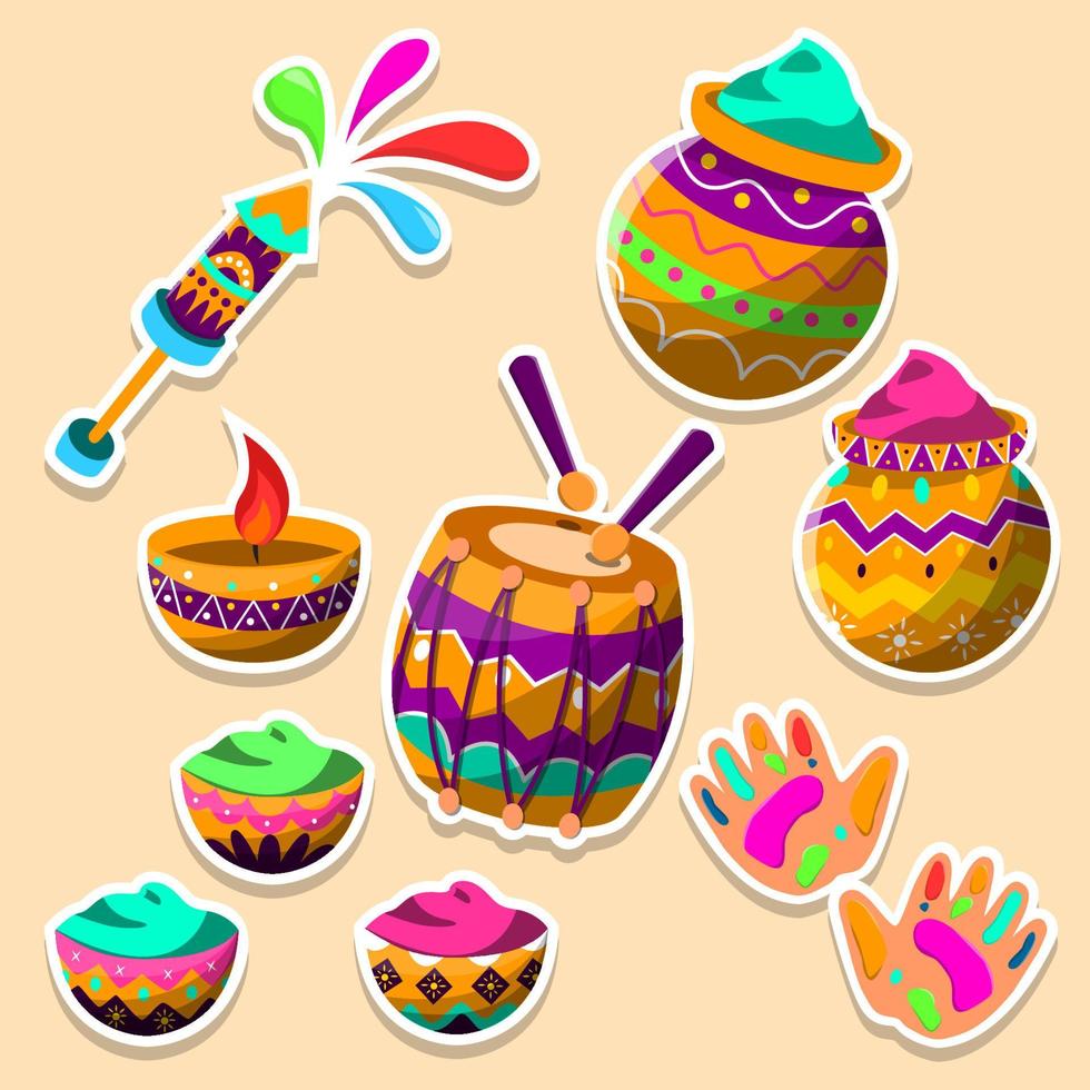 holi-pot met kleur en kleurenplonsstickercollectie vector