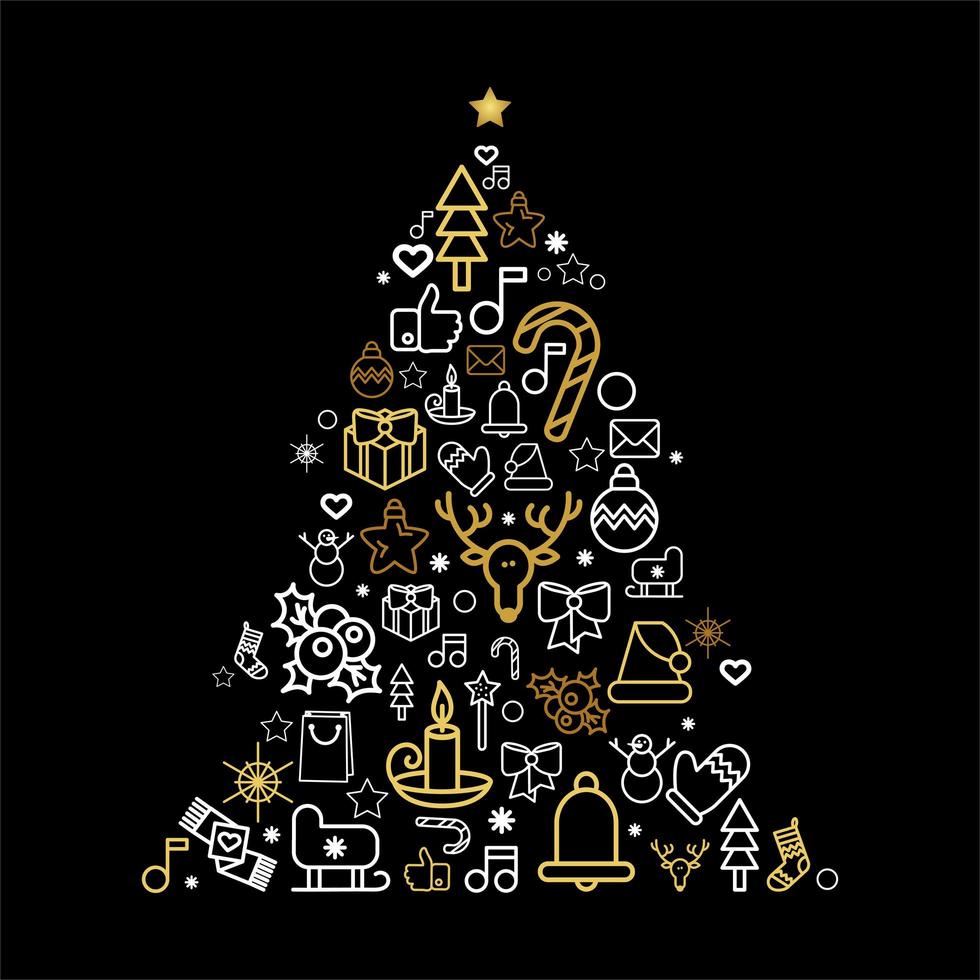 kerstboom silhouet met vakantie lineaire pictogrammen vector