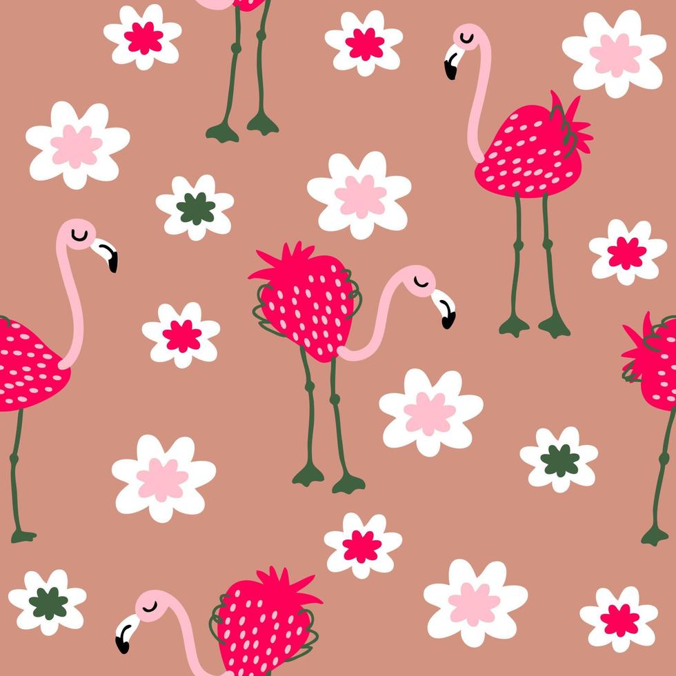 rode aardbei flamingo en bloemen naadloos patroon. vector