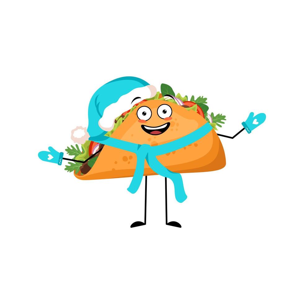 schattige karakter Mexicaanse taco met vrolijke emoties, blij gezicht, glimlach, ogen, armen en benen in kerstmuts met sjaal en wanten. fastfood persoon met expressie, sandwich met flatbread. vector