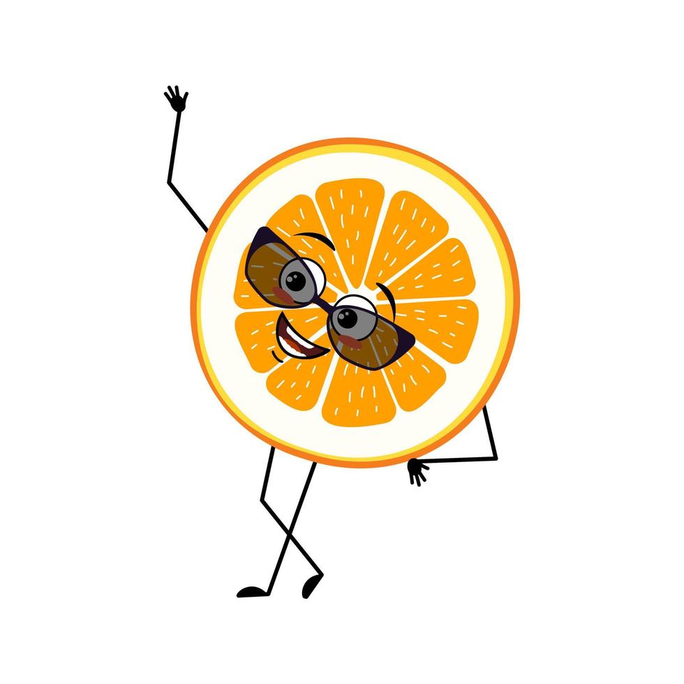 oranje karakter met vrolijke emoties, gezicht, glimlach, ogen, armen en benen. citrus schijfje persoon met vrolijke uitdrukking, fruit emoticon vector