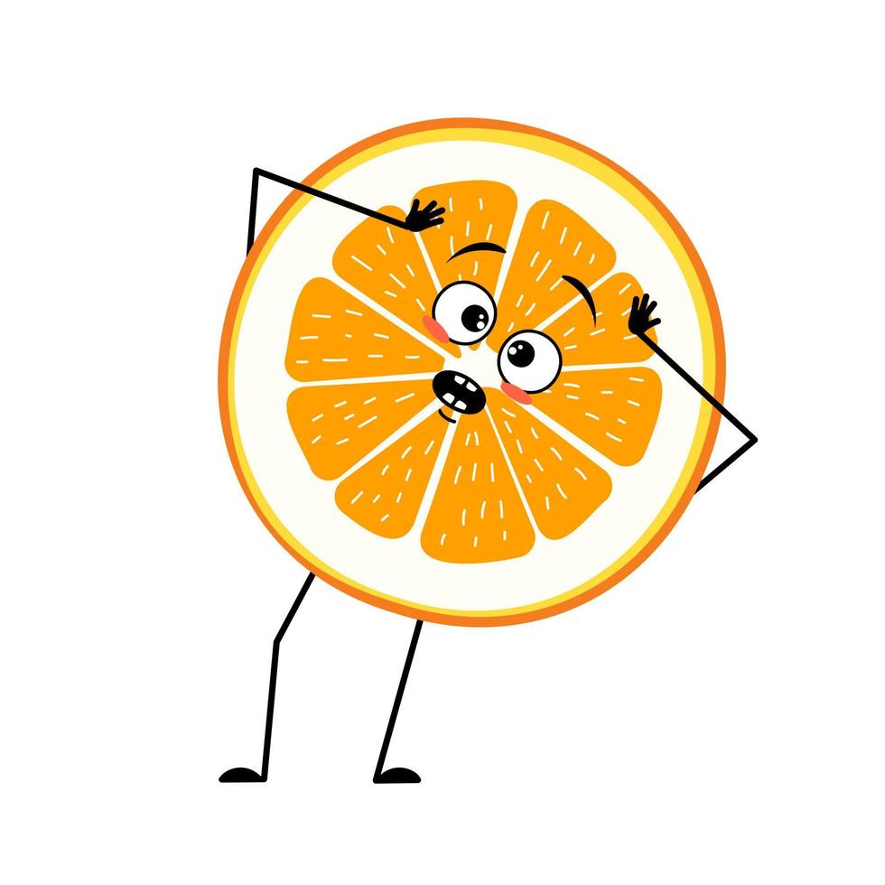 oranje karakter met emoties in paniek grijpt zijn hoofd, verrast gezicht, geschokte ogen, armen en benen. citrus schijfje persoon met bange uitdrukking, fruit emoticon. vector