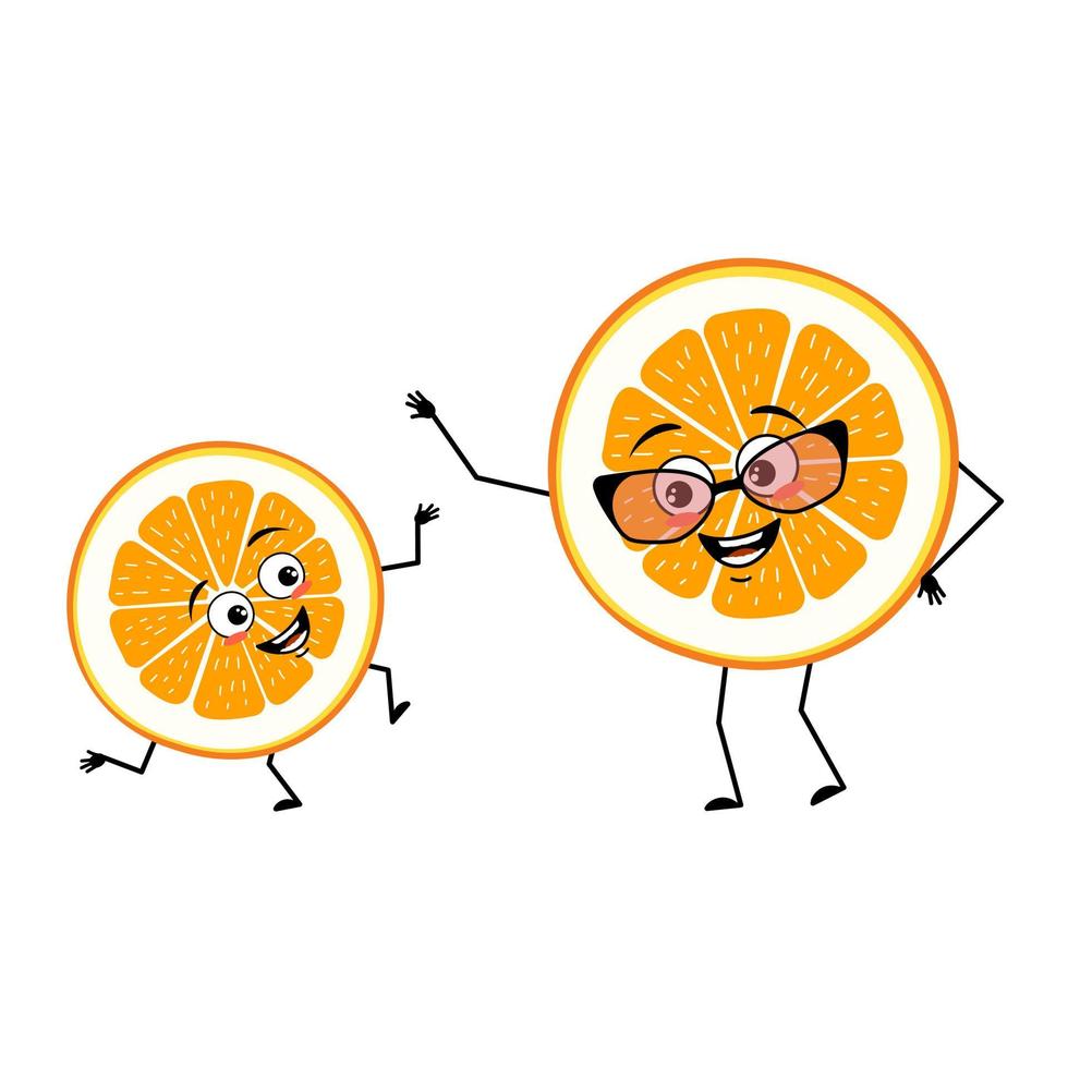 oranje karakter met vrolijke emoties, gezicht, glimlach, ogen, armen en benen. citrus schijfje persoon met vrolijke uitdrukking, fruit emoticon. oma met bril en kleinzoon dansen vector