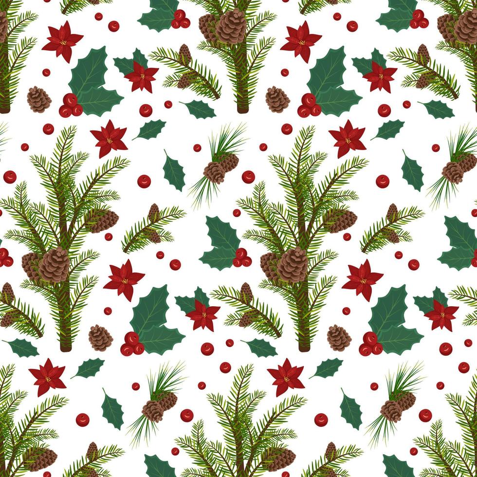naadloos patroon met kerstspar of pijnboomtakken met bruine kegels en rode poinsettiabloem. feestelijke printdecoratie voor het nieuwe jaar. platte vectorillustratie vector