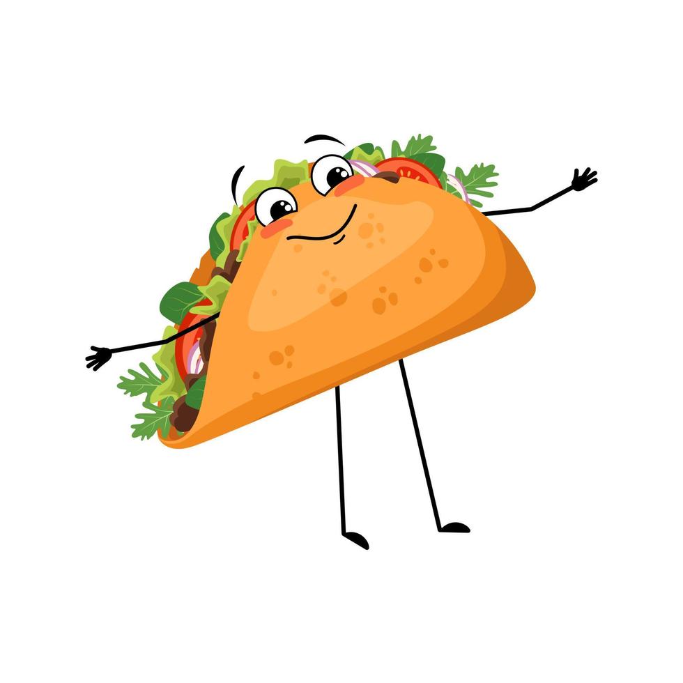 schattige karakter Mexicaanse taco met gelukkige emoties, gezicht, glimlach, ogen, armen en benen. vrolijke fastfood-persoon, sandwich met flatbread. vector