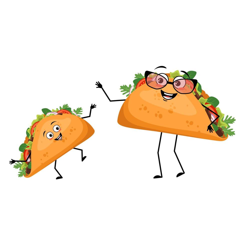 schattige karakter Mexicaanse taco met gelukkige emoties, gezicht, glimlach, ogen, armen en benen. vrolijk fastfood, oma met bril en kleinzoon, broodje met flatbread. vector