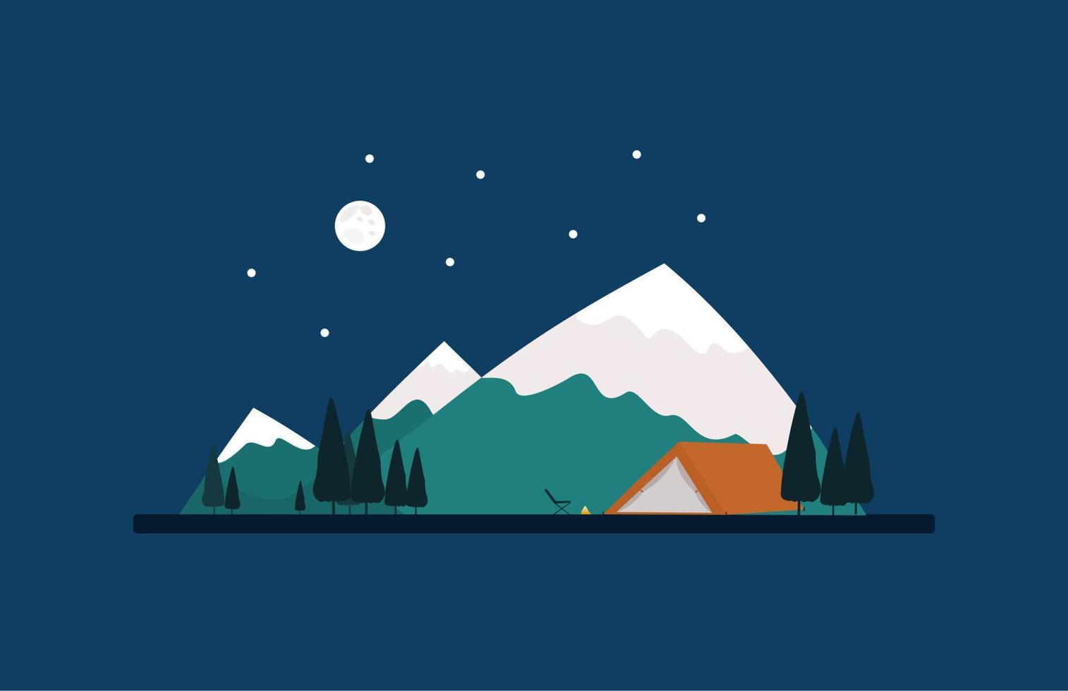 een kampeernachtsfeer aan de voet van een besneeuwde berg, met de maan, sterren en dennenbossen. natuur achtergrond, vector pictogram illustratie