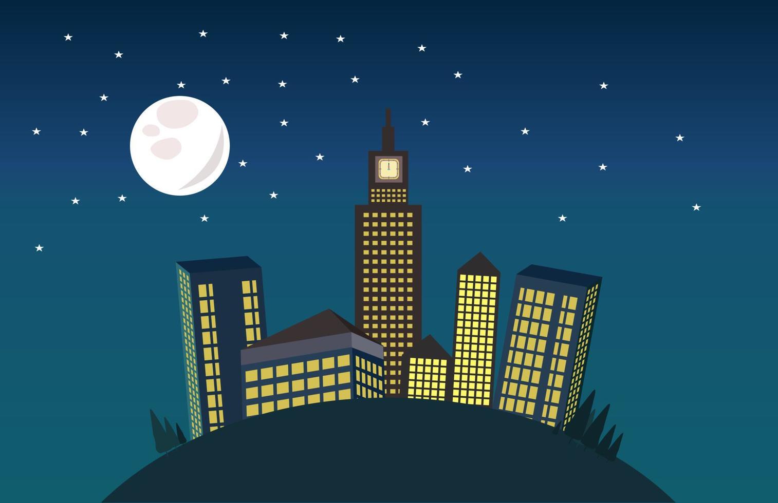 Halloween-thema bouwen, uitzicht op het stadsgebouw 's nachts met de maan, sterren en bomen vector