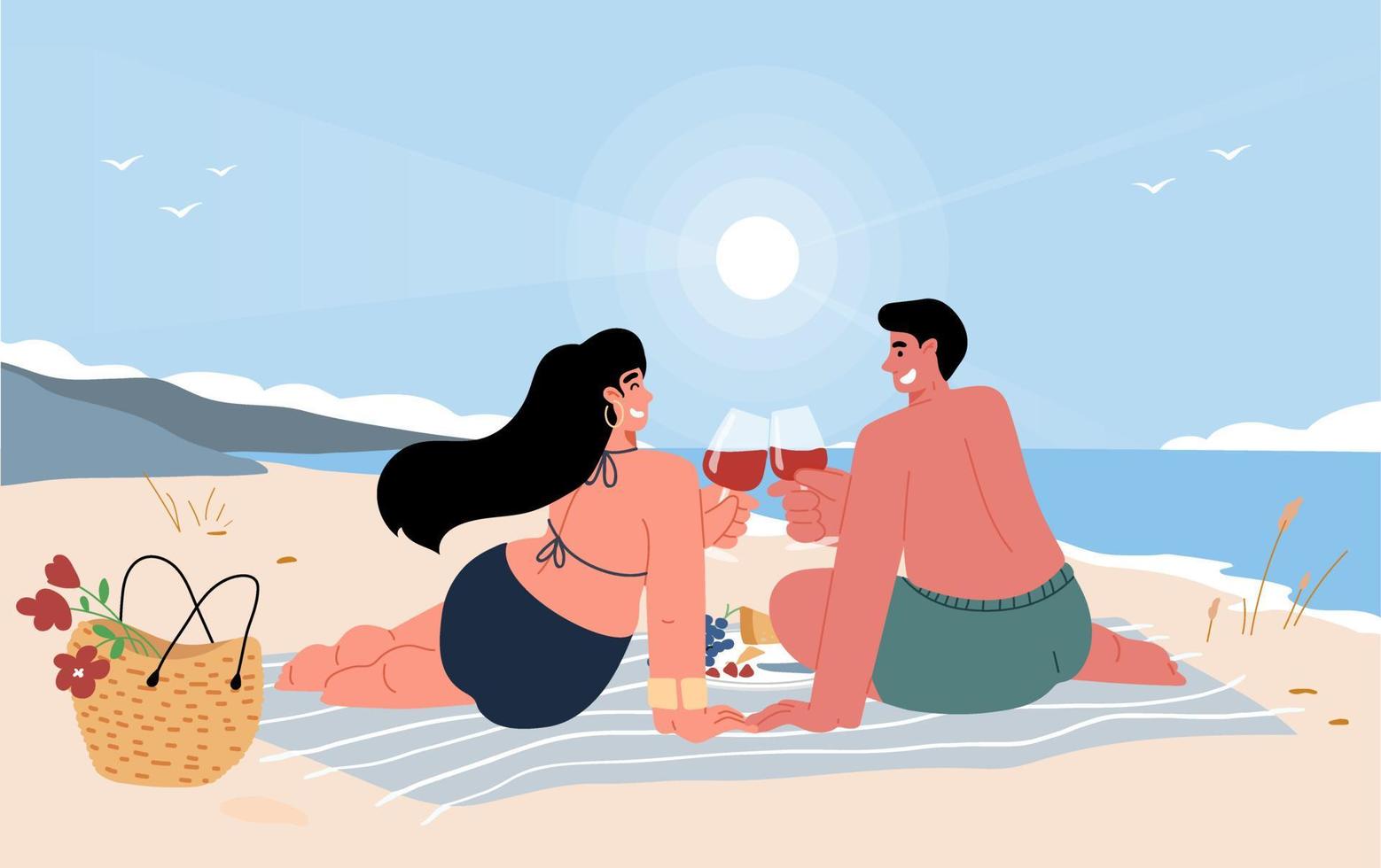 een verliefd stel met een picknick aan de kust. mensen ontspannen, wijn drinken. vector