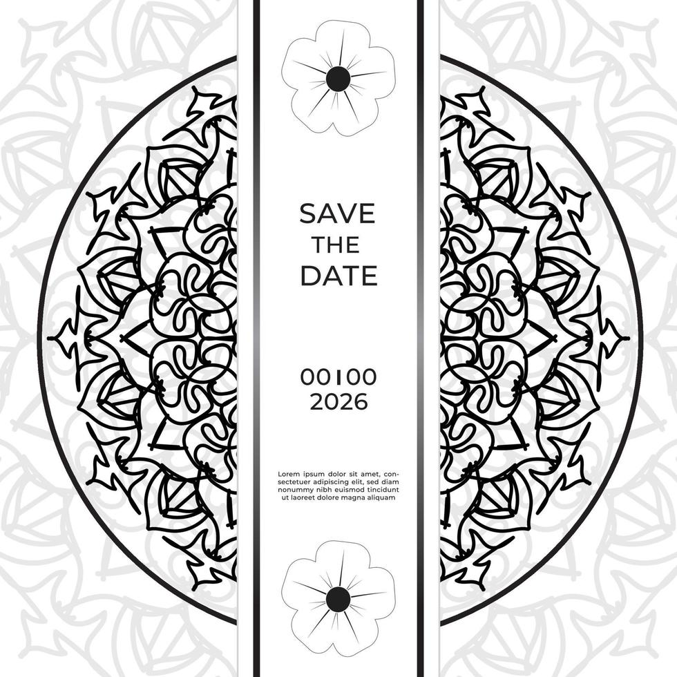 bewaar het datumuitnodigingskaartontwerp in henna-tatoeagestijl. decoratieve mandala om af te drukken, poster, omslag, brochure, flyer, banner vector