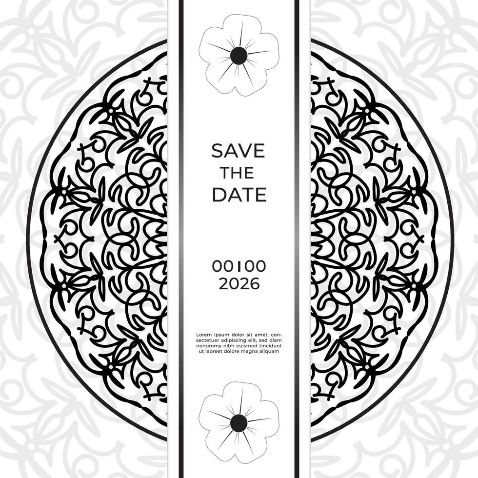 bewaar het datumuitnodigingskaartontwerp in henna-tatoeagestijl. decoratieve mandala om af te drukken, poster, omslag, brochure, flyer, banner vector