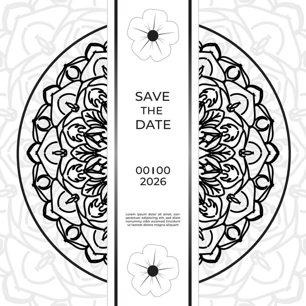 bewaar het datumuitnodigingskaartontwerp in henna-tatoeagestijl. decoratieve mandala om af te drukken, poster, omslag, brochure, flyer, banner vector