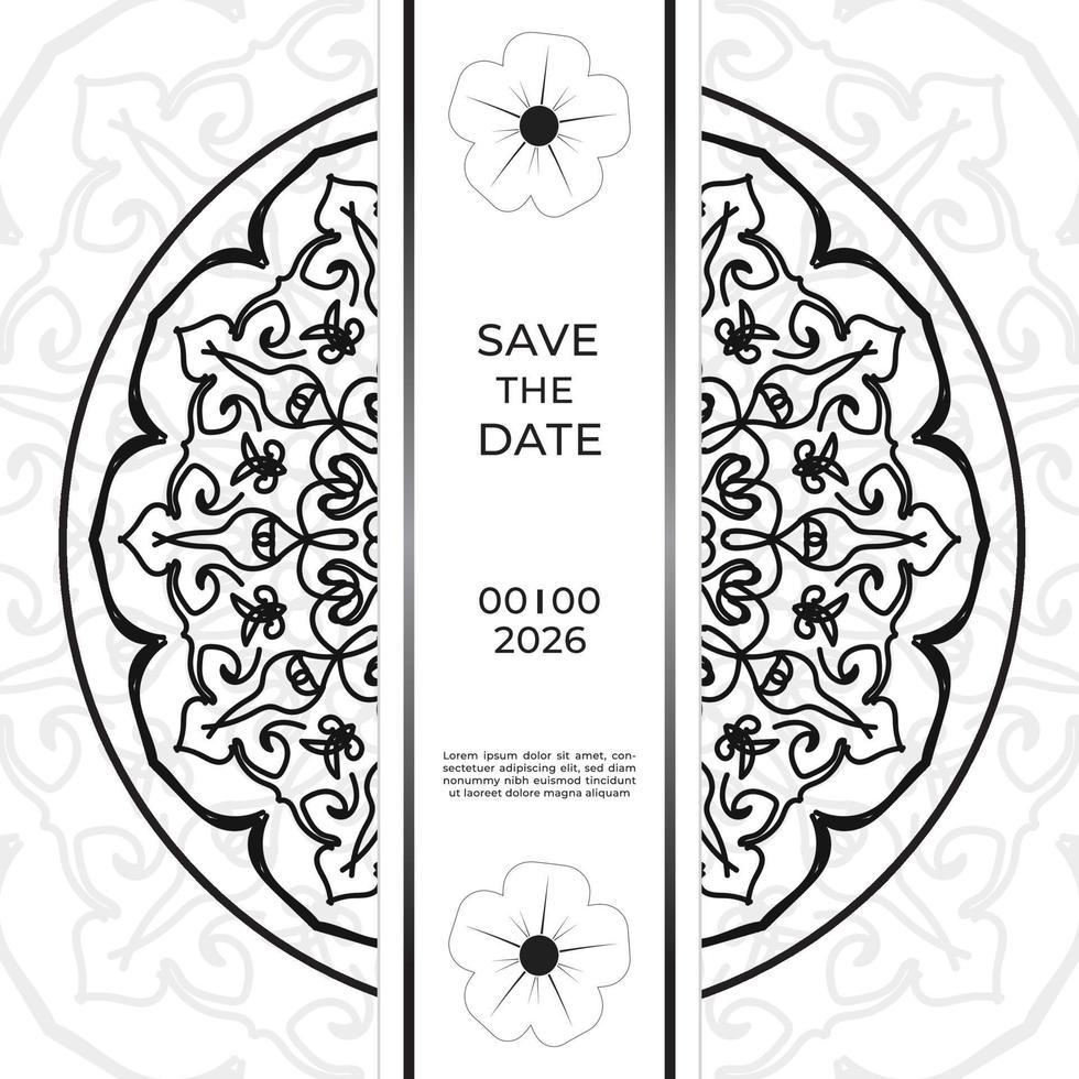 bewaar het datumuitnodigingskaartontwerp in henna-tatoeagestijl. decoratieve mandala om af te drukken, poster, omslag, brochure, flyer, banner vector