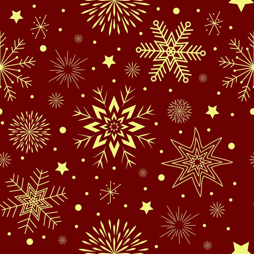 naadloos patroon op een bordeauxrode achtergrond gele sneeuwvlokken sterren en cirkels vector