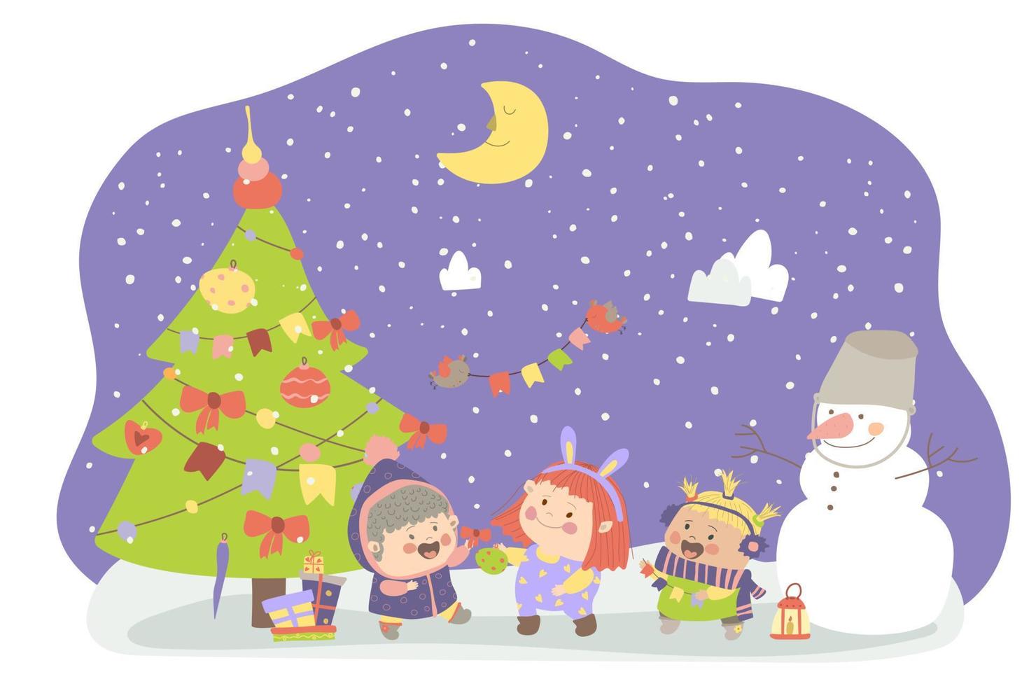 vrolijke meisjes versieren de kerstboom. de sneeuwpop kijkt naar de meisjes en de kerstboom. vectorillustratie in cartoon-stijl. handtekening. voor print, webdesign. vector