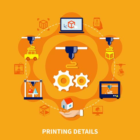 Details voor 3d-printer op oranje achtergrond vector