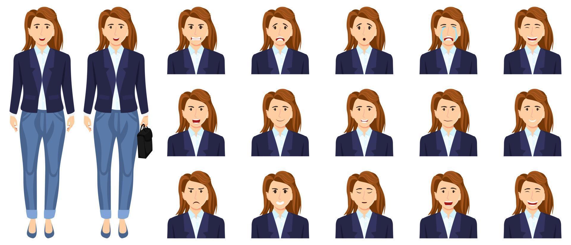 zakenvrouw stelt een avatar in met verschillende gezichtsuitdrukkingen en emoties boos huilen gelukkig poseren geïsoleerd vector